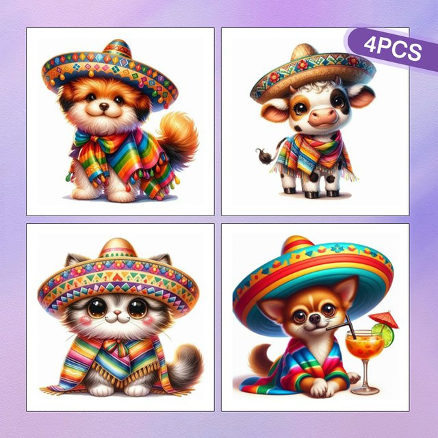 HUACAN 4er Set Diamantmalerei mit Tier-Motiven Katze und Hund als DIY Mosaik-Set in Mehrfarben mit runden Steinen - Bild 1
