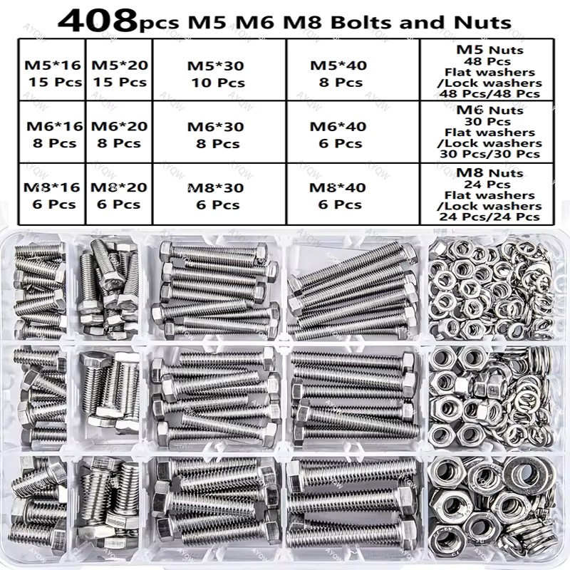 408-teiliges Edelstahl Set mit M5 M6 M8 Schrauben Muttern und Unterlegscheiben in Silber - Bild 2