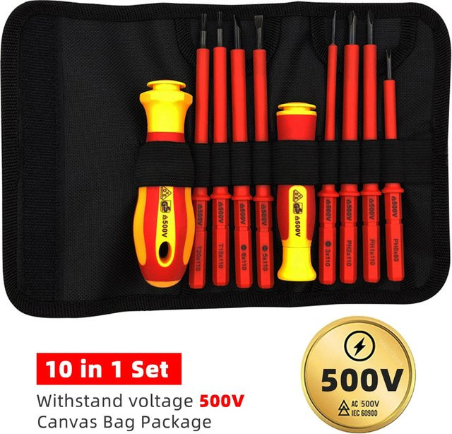 10-in-1 Isolierter Elektriker-Schraubendreher in Rot mit magnetischen Kreuz-, Schlitz- und Sechskant-Bits für den Haushalt - Bild 1