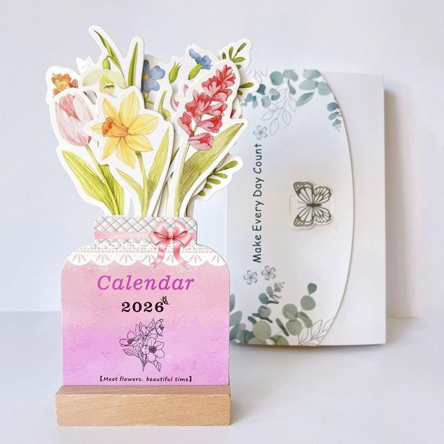 Bloomy Flower Kleiner Tischkalender 2026 Mini mit Holzsockel in Multicolor mit floralem Design - Bild 1