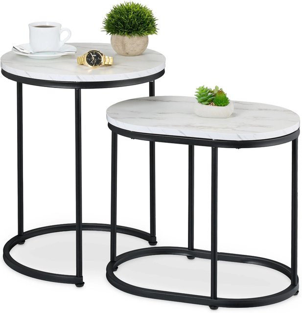 Relaxdays Satztisch 2er Set in Marmoroptik aus MDF und Eisen, Farben: Weiß und Schwarz - Bild 1