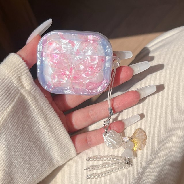Glänzende AirPods Schutzhülle mit Wasserwellen-Design und Schmetterling in Rosa-Blau Farbverlauf für Apple AirPods 2 3 4 Pro Pro 2 und Pro 3 - Bild 1