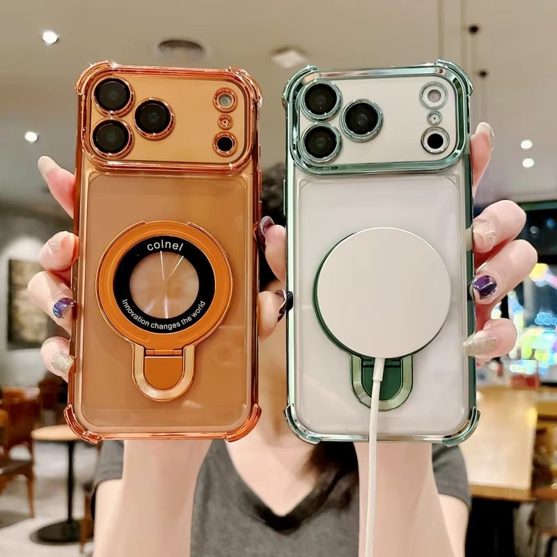 Eurynome U-Magnetständer Schutzhülle für iPhone 15 14 13 12 11 Pro Max Plus Air Transparent und Orange - Bild 3