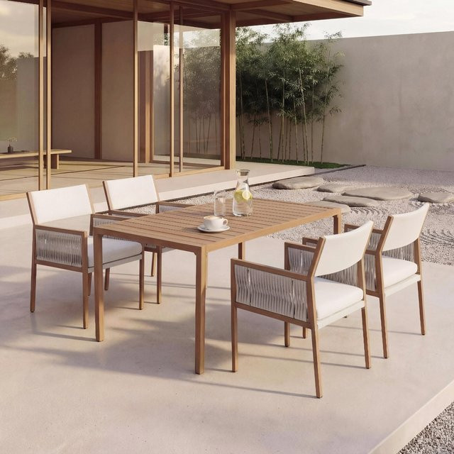 Garten-Essgarnitur MCW-Q12 Sitzgruppe aus Polyrattan und Olefin mit Tisch und 4 Stühlen in Weiß - Bild 1