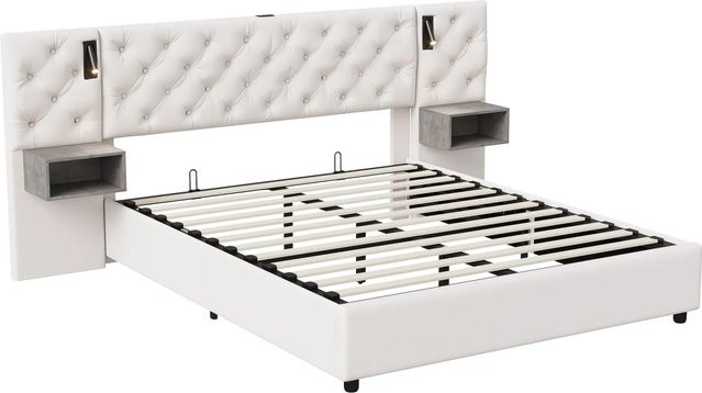 PXloue Polsterbett aus Samt mit LED-Beleuchtung, USB-Ladeport und Stauraum in Beige, B/T/H: 140 x 200 x 104 cm - Bild 1