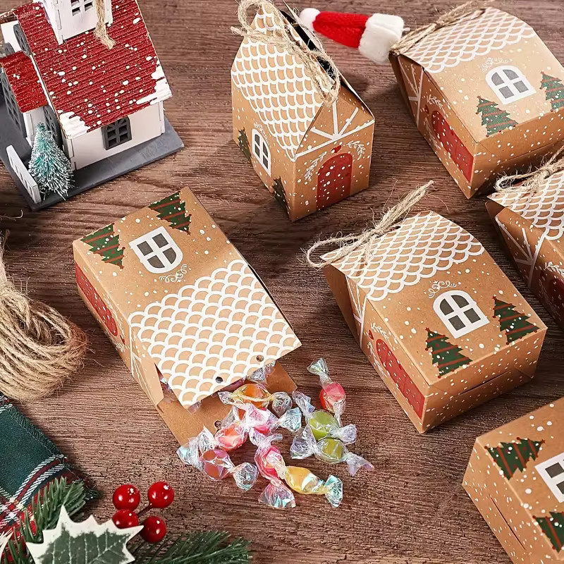 10 Stück Weihnachts Geschenkboxen aus braunem Kraftpapier in Hausform für Süßigkeiten und Kekse - Bild 4