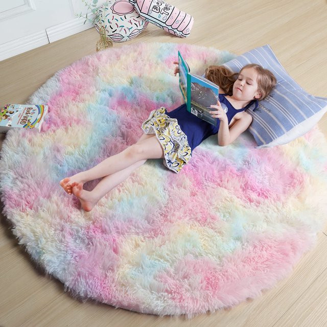 Vikama Runder Shag-Teppich in Regenbogenfarben, flauschiger Pastell-Teppich für Kinderzimmer und Wohnheim - Bild 1