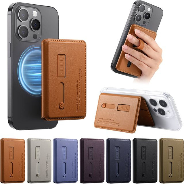 Magnetische Leder-Geldbörse mit integriertem Ständer und Kartenhalter für MagSafe kompatible iPhones in Schwarz, Grau oder Braun - Bild 1