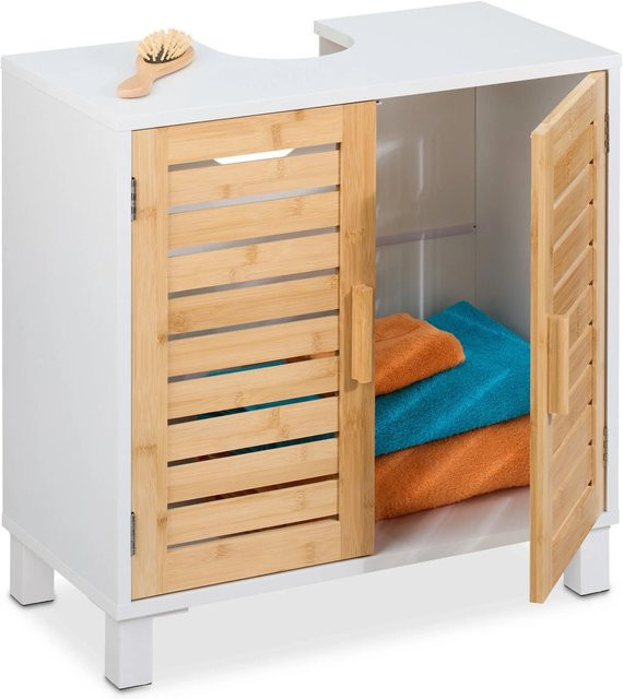 Relaxdays Waschbeckenunterschrank aus Bambus und MDF in Weiß Natur mit Lamellen-Design, Magnetverschluss und Siphonaussparung, B/T/H: 60 x 32 x 60 cm - Bild 1