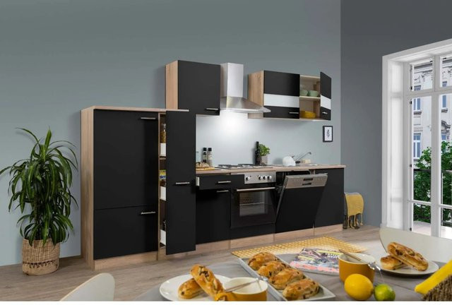 Respekta Küchenzeile Schwarz-Eiche Sägerau ohne Elektrogeräte mit Soft-Close-Türen und Glaselementen, Breite: 310 cm - Bild 1
