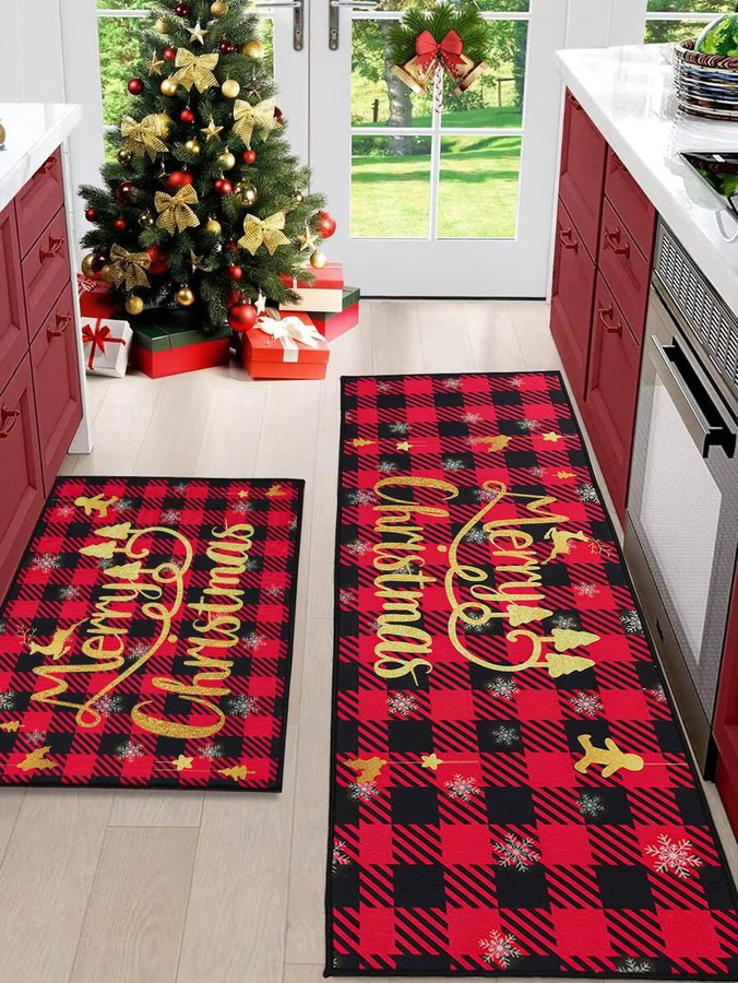 VIKAMA 2-teiliges Teppich-Set rot kariert für Küche und Flur, schmutzabweisend und pflegeleicht, Landhausstil - Bild 3