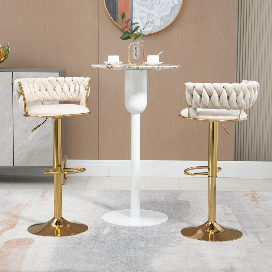 Gomyway Barhocker Set 2 Stück höhenverstellbar mit Lehne 360 Grad drehbar in Samtoptik Elfenbeinweiß und Gold - Bild 2