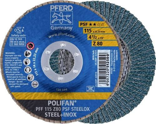 PFERD STEELOX Fächerschleifscheibe für Edelstahl, Durchmesser: 115 mm, Bohrungs-Ø: 22,23 mm, Körnung: 80, Farbe: Blau - Bild 1