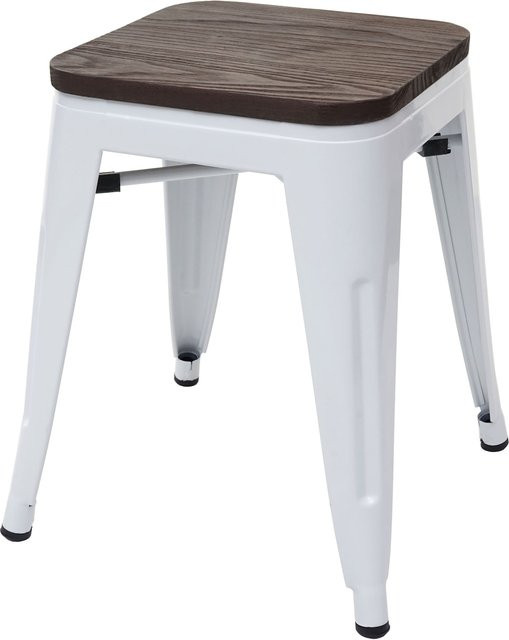 Stapelbarer Metallhocker MCW-A73 im Industriedesign mit Holz-Sitzfläche, Weiß - Bild 1