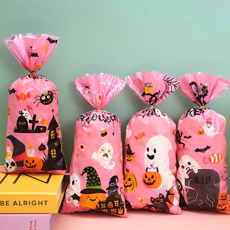 ZYF Halloween Süßigkeiten Taschen mit Reißverschluss in Rosa, Set mit 50 oder 100 Stück, Motiv Geist und Kürbis für Geschenke und Kekse - Bild 3
