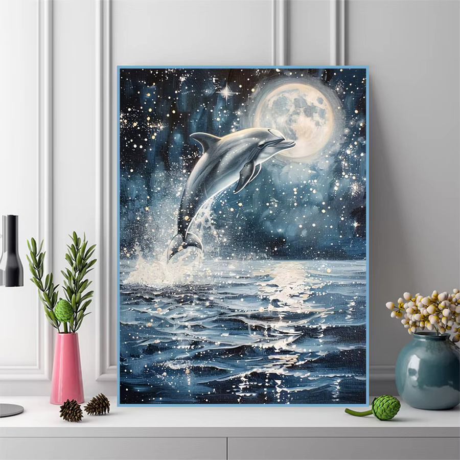 Momoart Diamant-Stickerei Set Delphin und Mond, DIY Bastelset für Anfänger, Multicolour, B/H: 30 x 20 cm - Bild 3