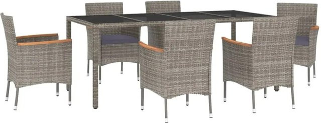 vidaXL 7-tlg Garten-Essgruppe aus Poly Rattan und Akazienholz in Grau mit Kissen und Hartglas-Tischplatte - Bild 1