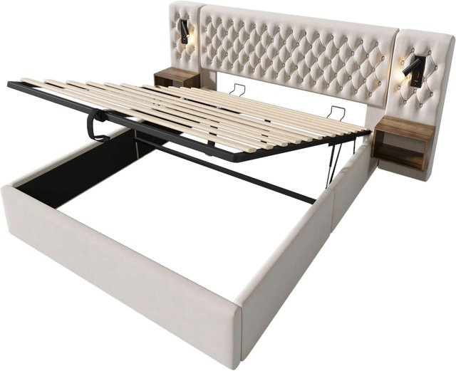 okwish Polsterbett Beige mit hydraulischem Stauraum, USB-Anschluss und integriertem Leselicht, B/T/H: 160 x 200 x 105 cm - Bild 1