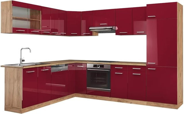Vicco R-Line Eckküche modern in Bordeaux Hochglanz und Goldkraft Eiche, B/T/H: 227 x 287 x 207 cm - Bild 1