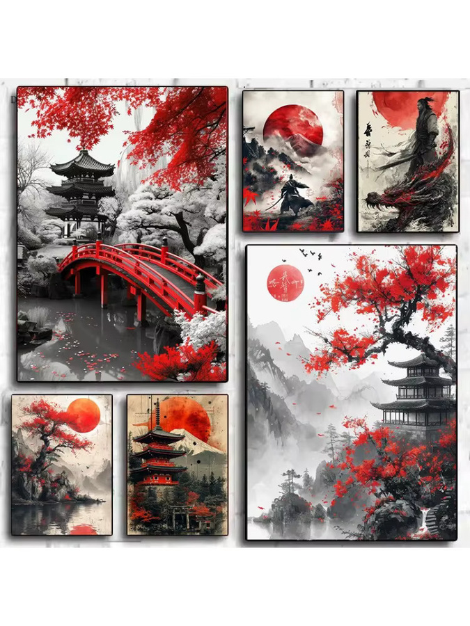 Potdemiel Leinwand Malerei Samurai Krieger Roter Mond Japanische Landschaft mit Berg und Tempel Vintage Wandkunstdruck in Rot - Bild 3