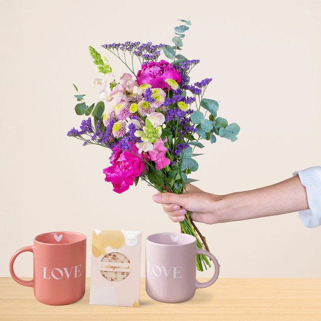 BLUME2000 Sommerbote Bouquet pink purple yellow mit Geschenkset - Bild 1