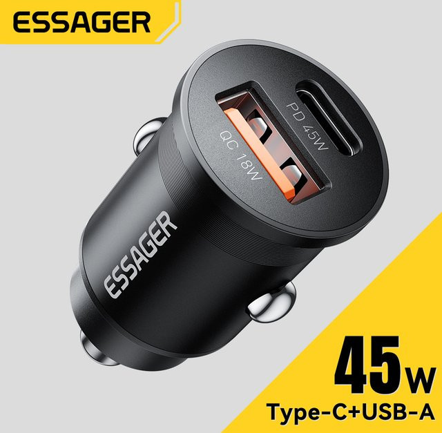 Essager 45W Mini USB Autoladegerät mit QC 3.0 und PD 3.0 in Schwarz für iPhone, Huawei, Samsung, Xiaomi und iPad mit USB-C Anschluss - Bild 1