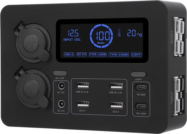 CosyHome 12V Mini Power Box 100W mit LCD-Anzeige, USB-C QC3.0 Port und 4 Anderson-Ausgängen, Schwarz - Bild 1