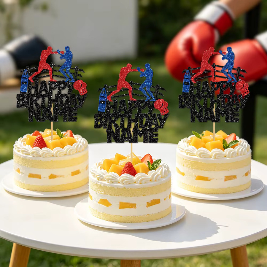 Joy-enlife Boxer Kuchendekoration mit anpassbarem Namen in Rot und Blau für sportliche Geburtstage - Bild 6