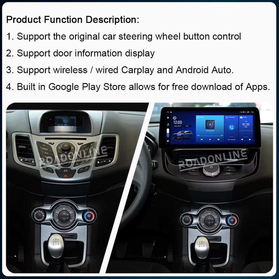 roadonline Android 14 Multimedia-Player mit GPS und 12,3 Zoll Display für Ford Fiesta MK6 MK7 2009-2018 in Schwarz mit zweifarbigen Rahmen - Bild 2