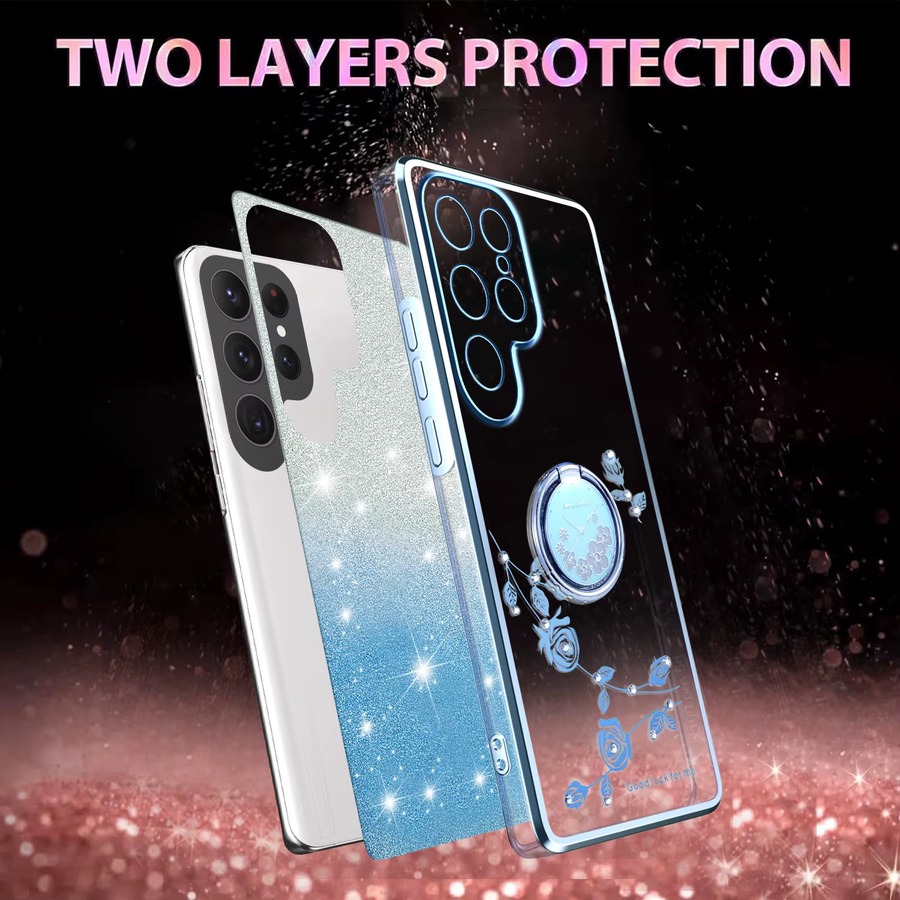 Ewige Blumen Bling Handyhülle mit Ständer und Farbverlauf-Diamant-Design für Samsung Galaxy S25 Ultra, S24, S23 FE, S22 und S21 Plus in Blau-Lila - Bild 3