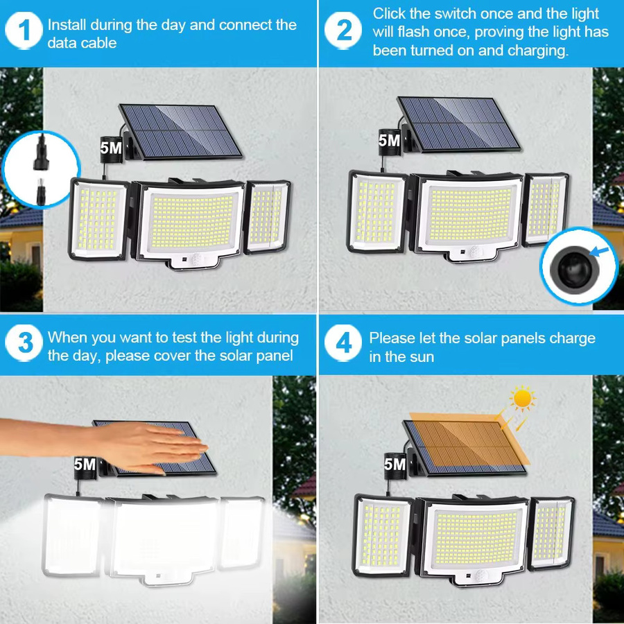 Solar-Außenleuchte mit 366 LED und Bewegungssensor, IP65 wasserdichte Solar-Sicherheitsleuchte mit Fernbedienung und 1800 mAh Akku, 3-Kopf-Weitwinkel-Flutlicht in Schwarz für den Garten - Bild 5