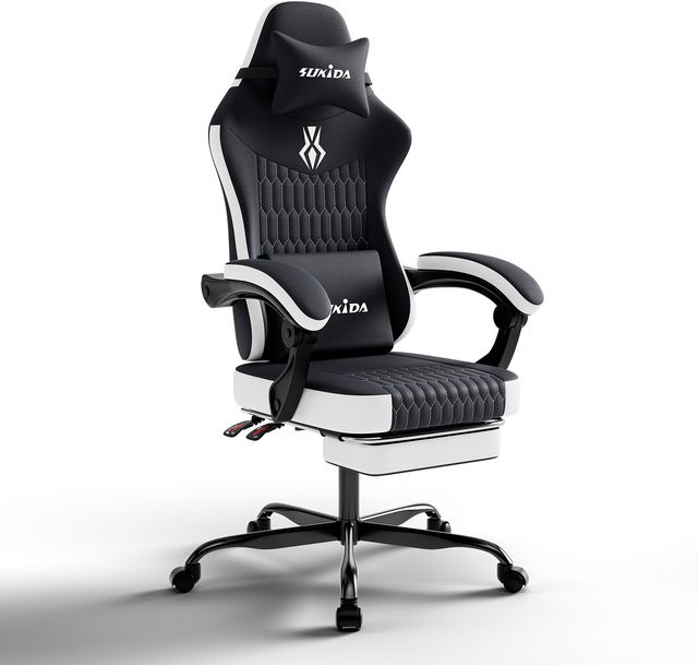 SUKIDA Gaming-Stuhl in Schwarz-Grau mit Fußstütze, ergonomischer Lendenwirbelstütze und Kopfstütze, verstellbarer Armlehnen und 360-Grad-Drehfunktion, sportlicher Bürostuhl aus Kunstleder für Home-Office und Gaming - Bild 1