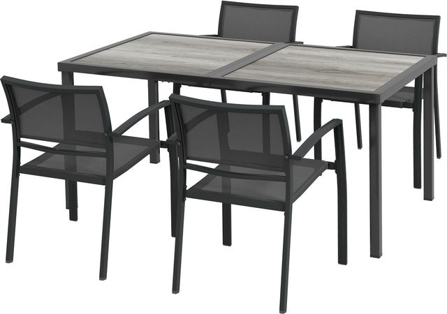 Outsunny 5-teilige Sitzgruppe Gartenmöbel Set mit Esstisch und 4 stapelbaren Stühlen in Dunkelgrau mit Holzimitat und Netzgewebe - Bild 1