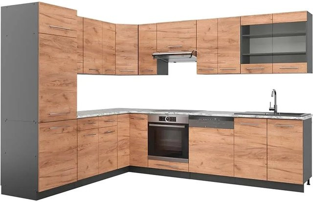 Vicco Fame-Line Eckküche Goldkraft in Eiche und Anthrazit mit Marmor-Optik, B/T/H: 227 x 287 cm - Bild 1