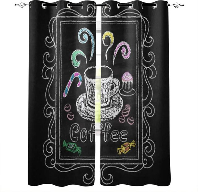 2er-Set Küchenvorhänge mit Kaffee-Graffiti-Print auf schwarzem Hintergrund, halbtransparent, B: 50 cm, H: 50 cm pro Paneel - Bild 1
