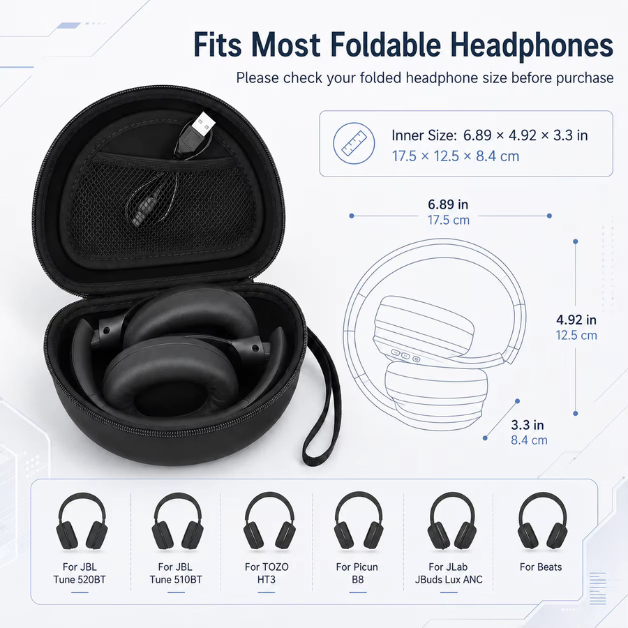 Harte Kopfhörertasche für JBL Tune 520BT 510BT, kompatibel mit TOZO HT3, Picun B8 und JLab JBuds Lux ANC, faltbare Reisetasche in Schwarz oder Grau - Bild 2
