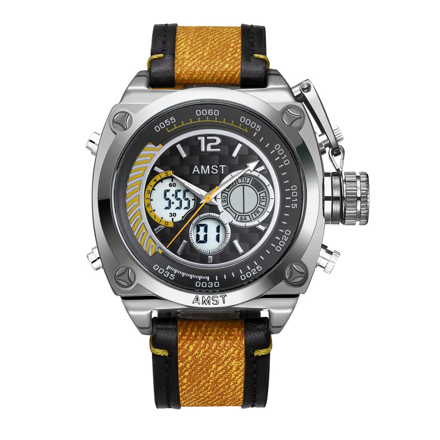 Ams Digitaluhr, Quarz, Leder, Schwarz, Silber, Herren - Bild 2
