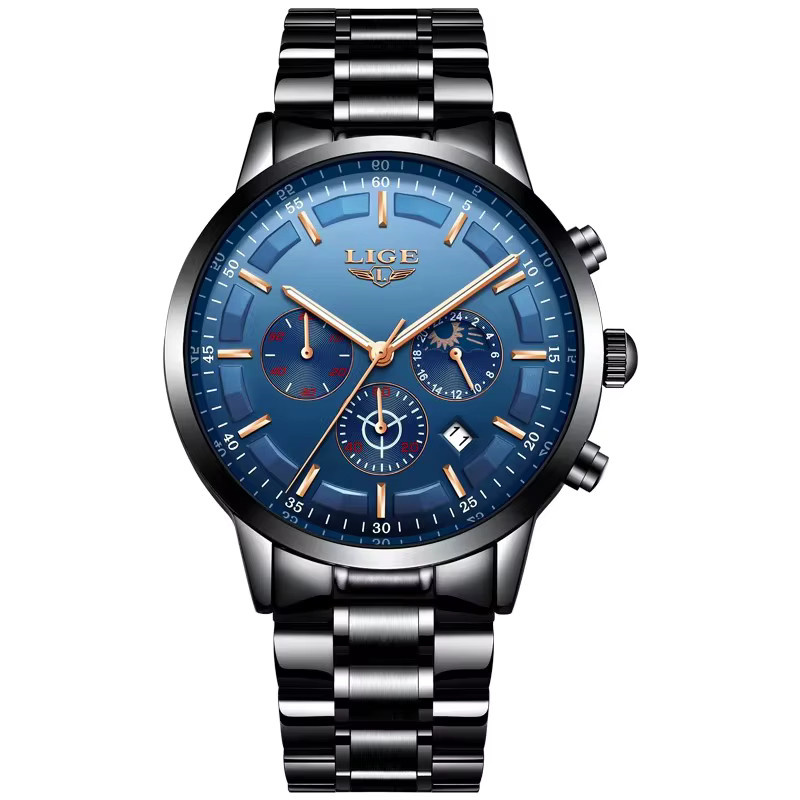 LIGE Armbanduhr Chronograph, Quarz, Edelstahl, Schwarz, Herren - Bild 5