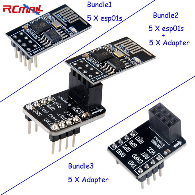5 Stück RCmall ESP8266 ESP-01S WiFi Serielles Transceiver-Modul mit 4 MB Flash und Breakout Board Breadboard-Adapter in Schwarz - Bild 1