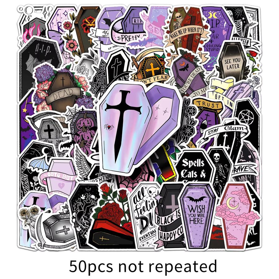 50 Stück GOGOTU Gothic Halloween Vampir Sarg Aufkleber aus wasserfestem PVC in Multicolor für Skateboard, Notebook und DIY Dekoration - Bild 4