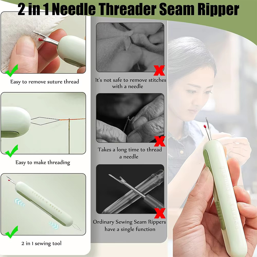 OZXHIXU 2-in-1 Nadel-Einfädler und Nahttrenner als Doppelendiger Stichentferner für das Nähen und Stricken aus Kunststoff - Bild 2