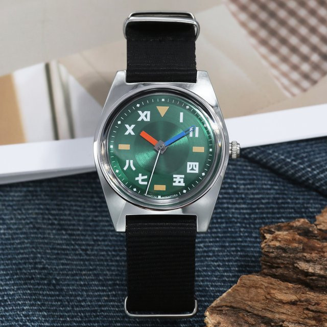 PHANTOM Armbanduhr, Handaufzug, Edelstahl, 36 mm, Textil/NATO, Grün, Unisex - Bild 1