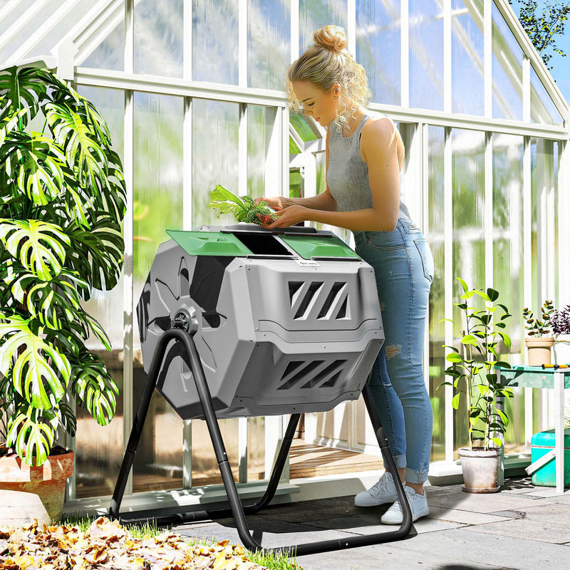 Outsunny Trommel-Komposter mit 2 Kammern, 160l Schnellkomposter für Bio- und Gartenabfälle, Grau - Bild 2