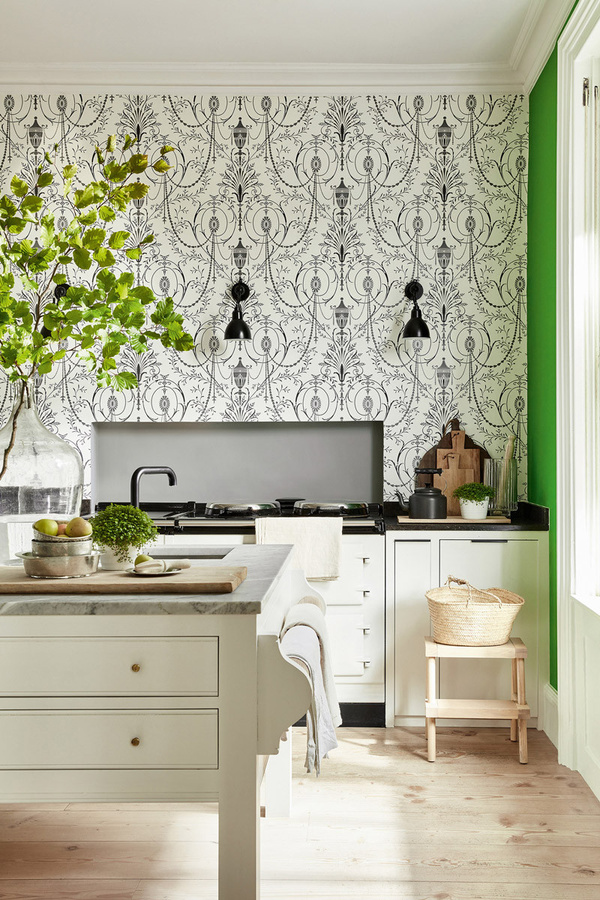 Little Greene Tapete Marlborough Glace in Schwarz-Weiß im Vintage-Stil als Vlies-Tapete - Bild 1