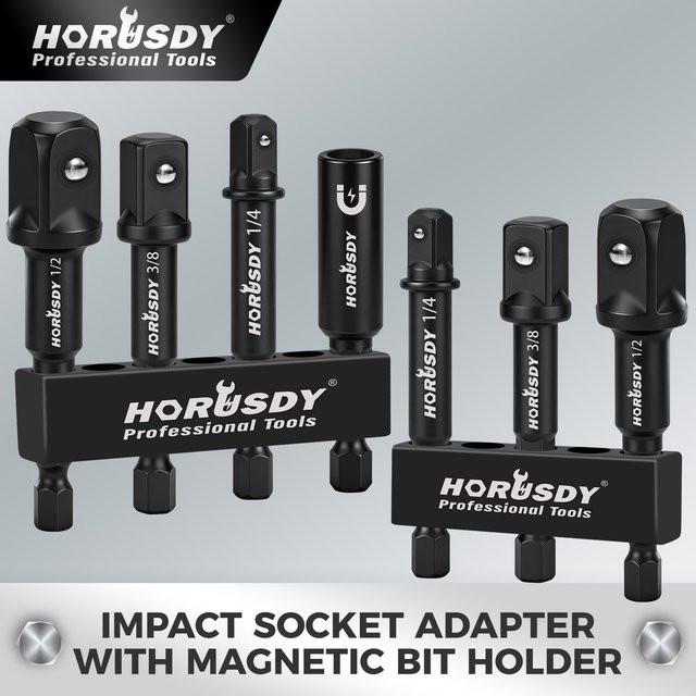 HORUSDY 7-teiliges Steckschlüsseladapter-Set aus Cr-V in Schwarz mit magnetischem Bithalter für Bohrmaschinen, 1/4 Zoll, 3/8 Zoll und 1/2 Zoll Antrieb - Bild 1
