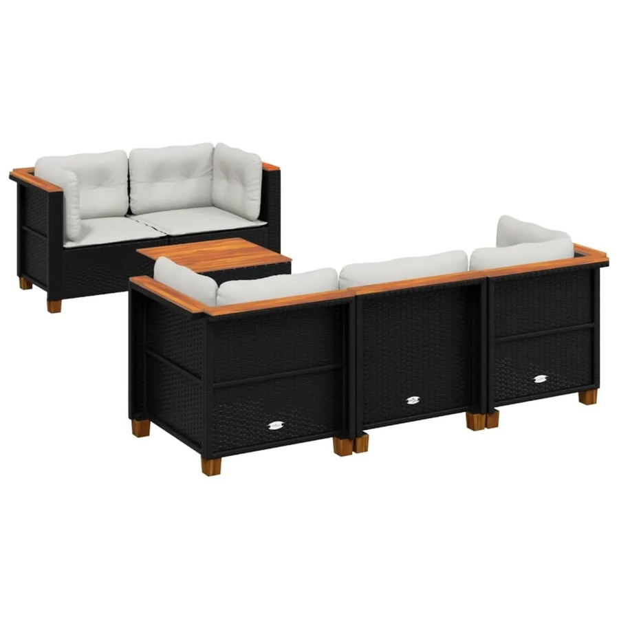 vidaXL 6-tlg Garten-Sofagarnitur aus Poly-Rattan und Akazienholz in Schwarz mit cremeweißen Kissen - Bild 2