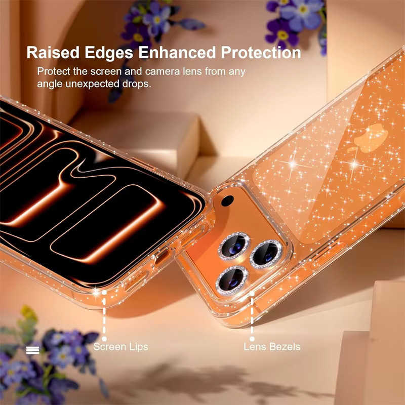 NMEGOU 3-in-1 Schutzhülle für iPhone mit Kameraobjektivschutz, Displayschutz und Glitzer-Softcase in Orange - Bild 4