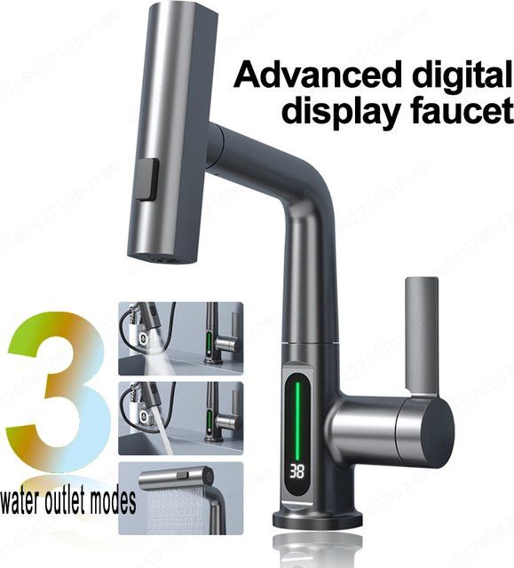 LISM Wasserfall Küchenarmatur mit ausziehbarer Brause in Weiß und intelligenter Digitalanzeige für Kalt- und Heißwasser - Bild 1