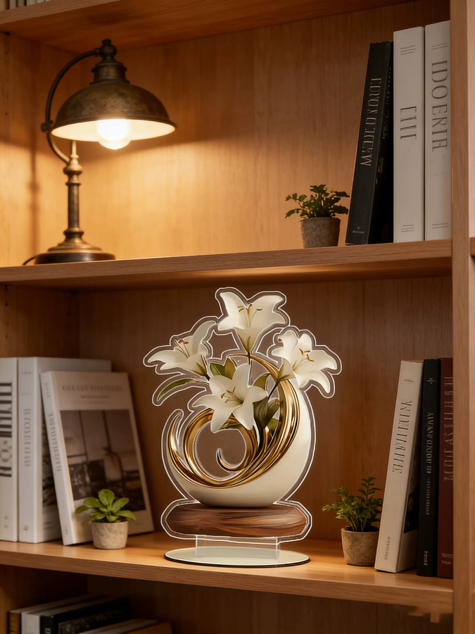 Elegante 2D Kristallvase mit weißer Lilie und goldener Dekoration aus Glas für dein Wohnzimmer oder Büro in Weiß und Gold - Bild 4