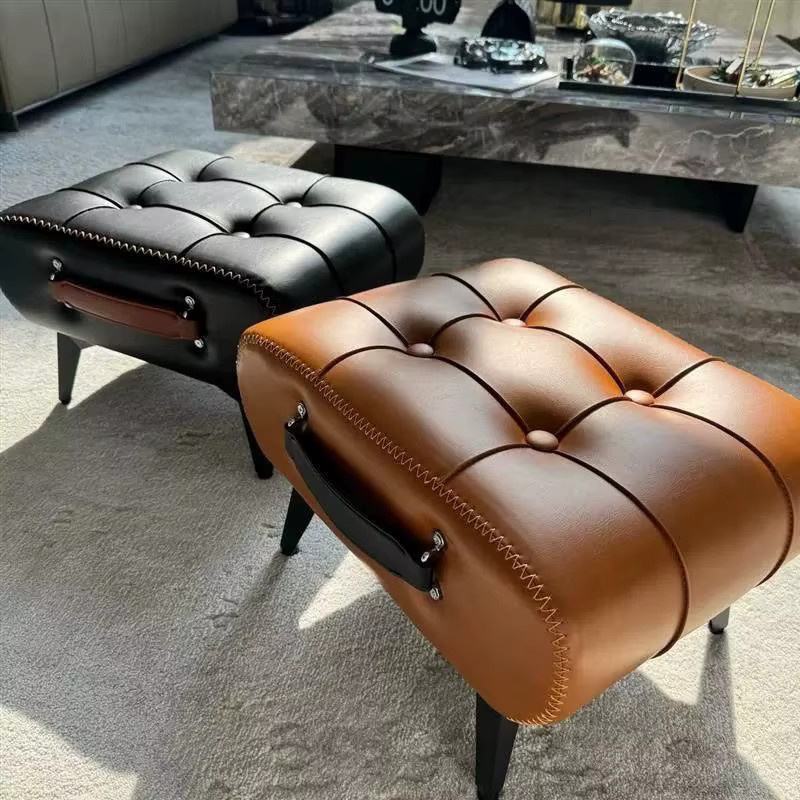 LIUSHADUOLA Ölwachsleder-Hocker in Schwarz als gepolsterter Fußhocker für Wohnzimmer und Eingangsbereich - Bild 2